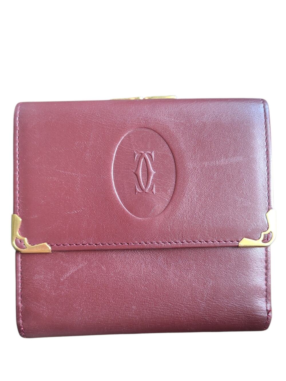 Vintage Must de Cartier Bordeaux Leather Trifold Wallet Kiss Lock Coin Purse